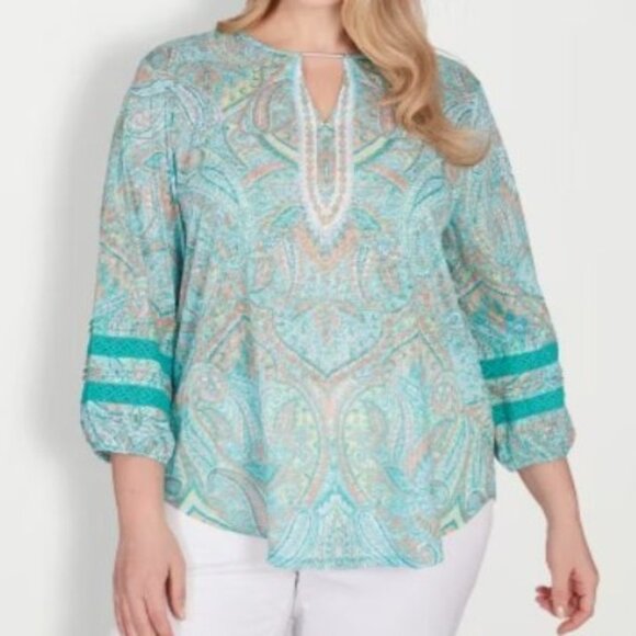 Larky Lark Paisley Print Top Shirt Womens 1X Green New Bohemian - Picture 1 of 8